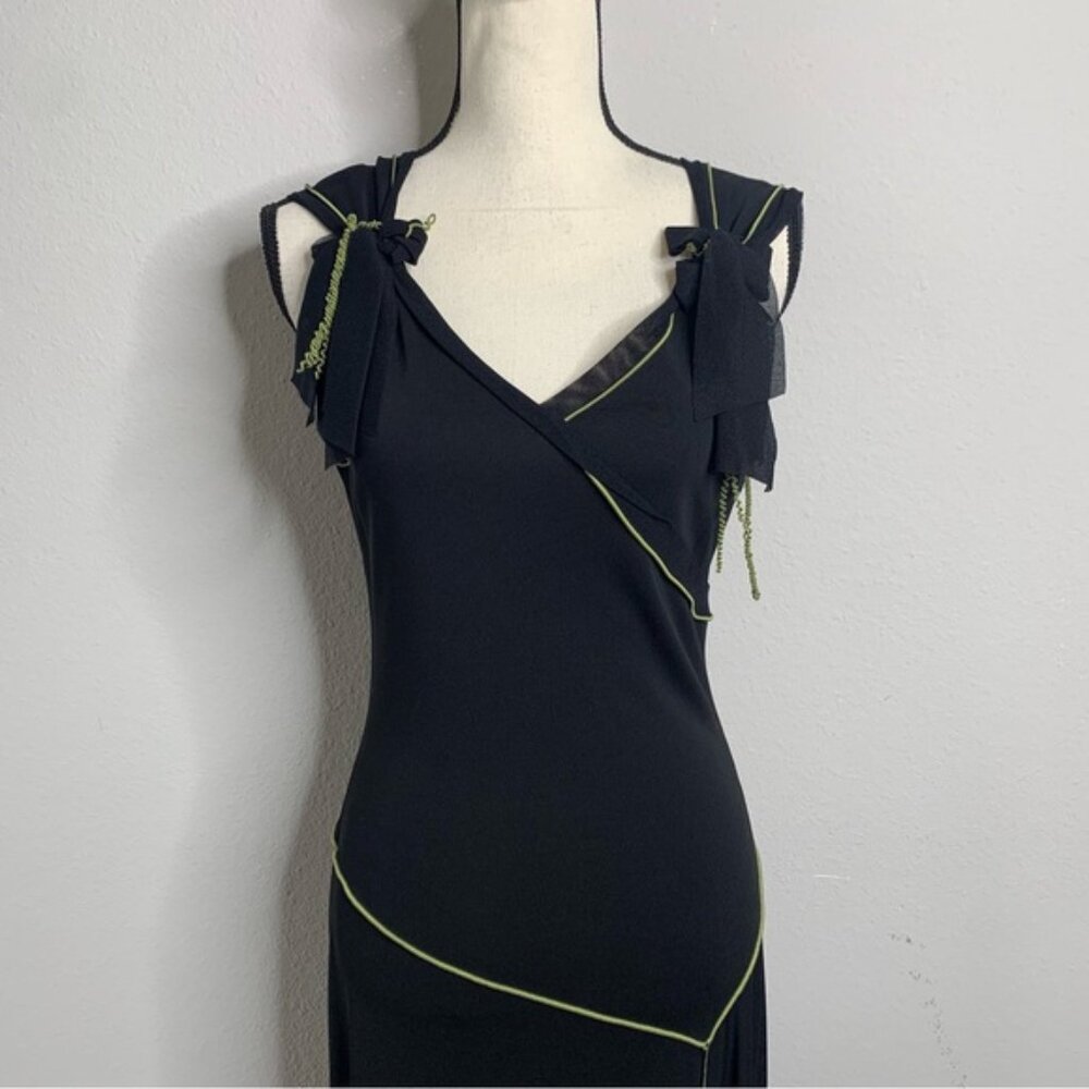 NWT Maxi Studio Black With Green Piping & Shoulder Bow Asymmetrical Midi Dress - Picture 7 of 14